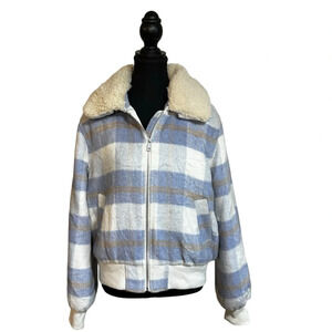 Bomber Jacket Women’s Medium Plaid Removable Sherpa Collar Lined Zip Coastal